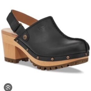 UGG Wood Studded Lanni Black Leather Slingback Platform Clogs/Mules Sz 7